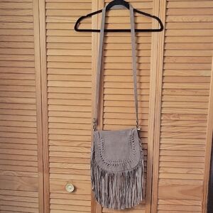 Vimoda Paris Taupe Suede Split Leather Western Fringe Boho Festival CrossbodyBag